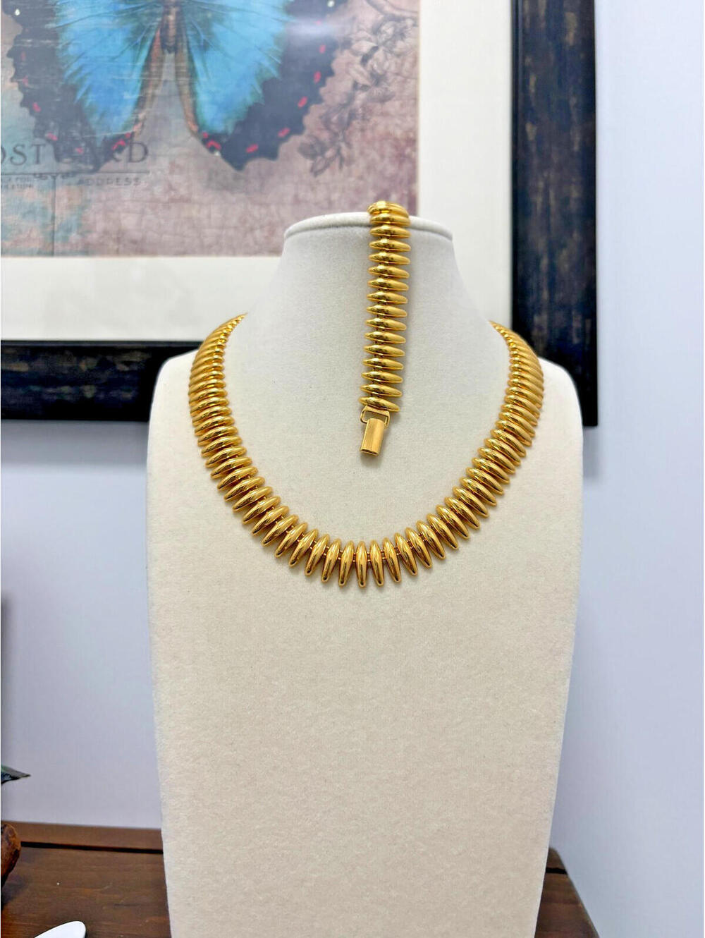 Vintage Napier Shiny Gold Tone Crescent Shaped Link Necklace 16" & Bracelet 7"